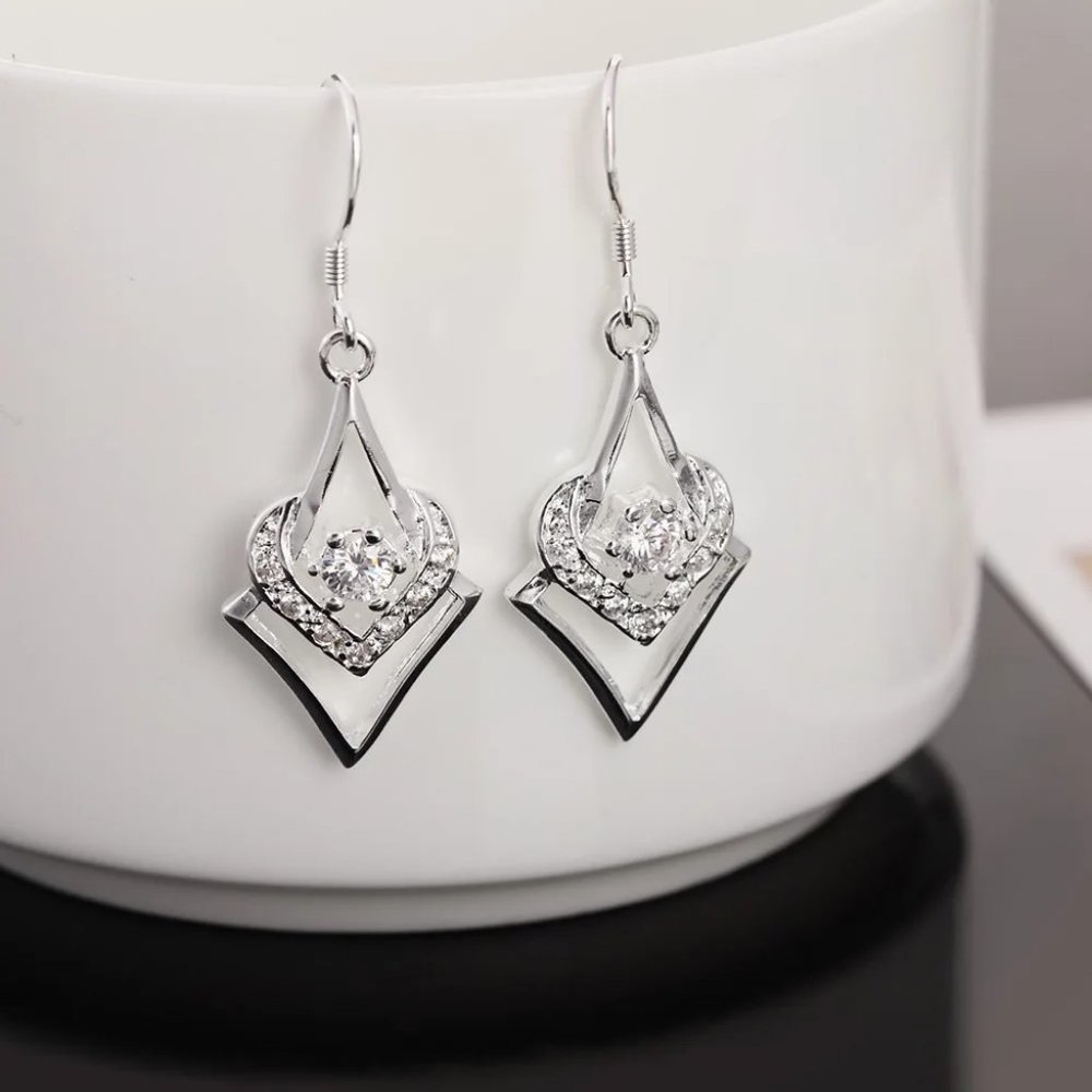Cute Sterling Silver Small Point & Hear Drop Earrings CZ Stud " Hypoallergenic " - Picture 3 of 8